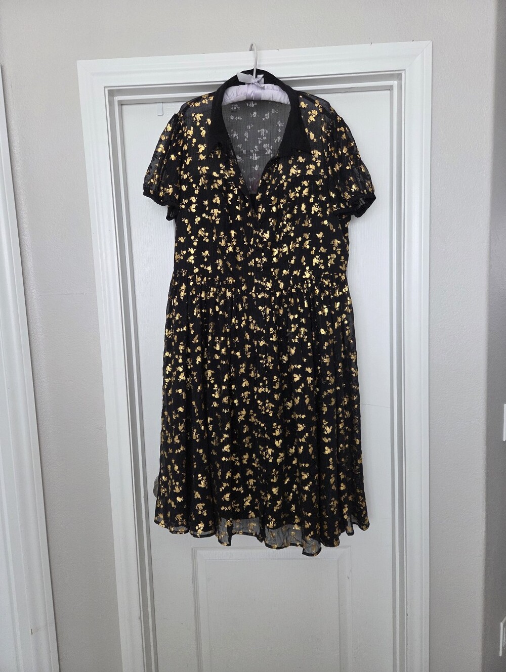 Unique Vintage Black And Gold Foil Fit N Flare Button Up 50s Style Dress 1x 16